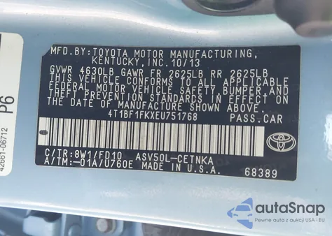 2014 Toyota Camry Le из США, поврежденный, VIN 4T1BF1FKXEU751768